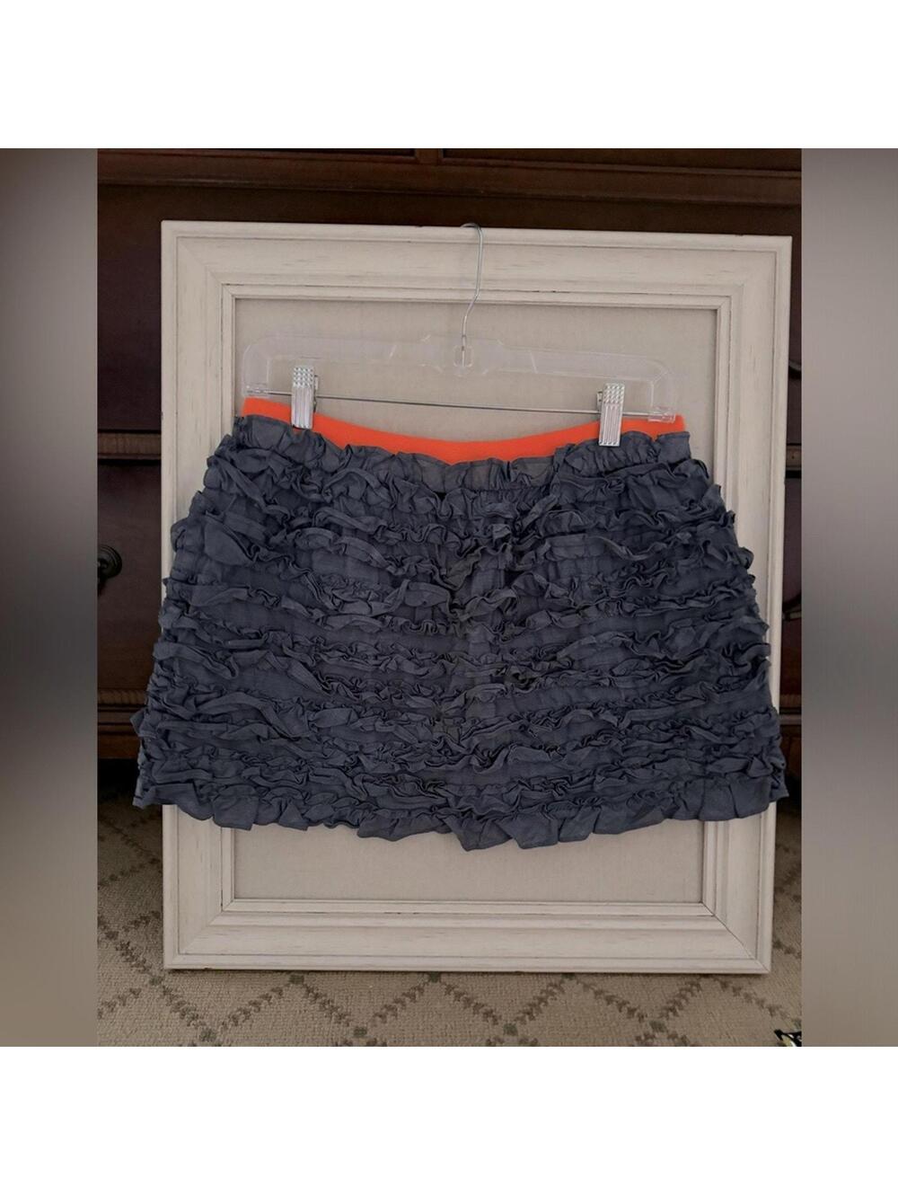 Vintage J. Crew denim Blue ruffled mini skirt with neon orange waist band NWOT S